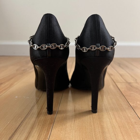 Celine Peep Toe Black Satin Pumps with Chain on Back Size 36.5 $895 - Picture 4 of 14